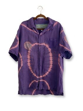 Robert Graham XL Purple Tie Dye Gingham Shirt Mandala Embroidered Linen Blend